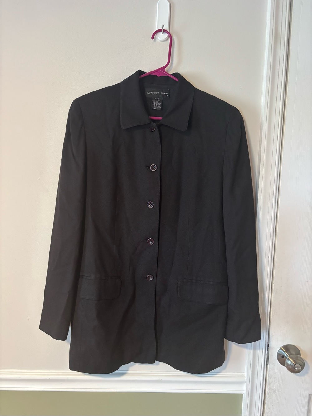 August Silk Black Silk/Wool Blend Button Front Blazer Jacket Women's Size 12